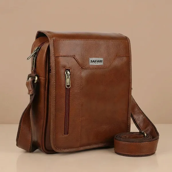 Tan_Synthetic_Leather_Solid_Zipper_Sling_Bag_For_Men