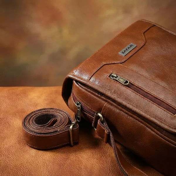 Tan_Synthetic_Leather_Solid_Zipper_Sling_Bag_For_Men