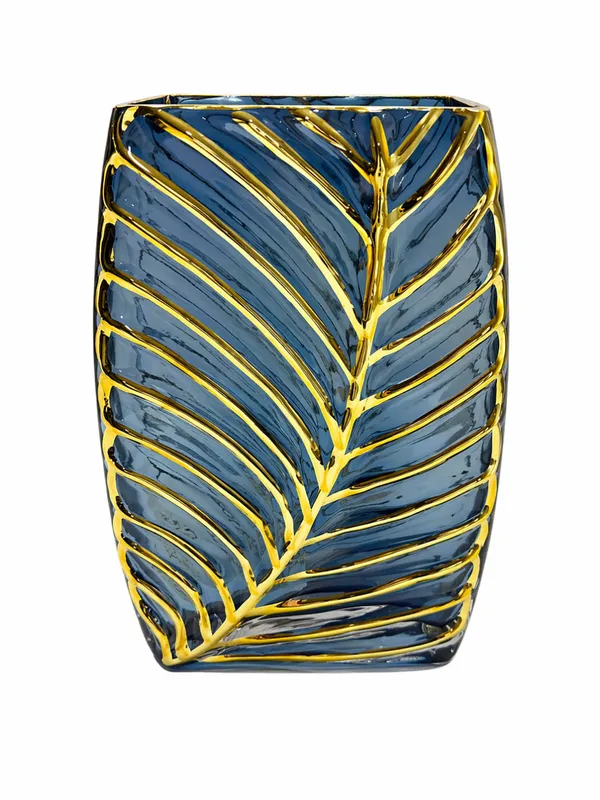 Hand-Painted_Blue_Glass_Vase_with_Golden_Palm_Leaf_Design