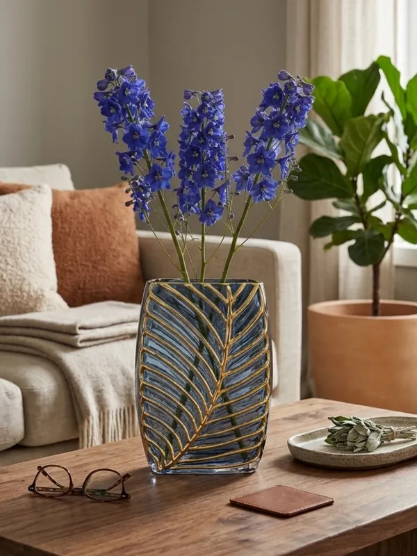 Hand-Painted_Blue_Glass_Vase_with_Golden_Palm_Leaf_Design