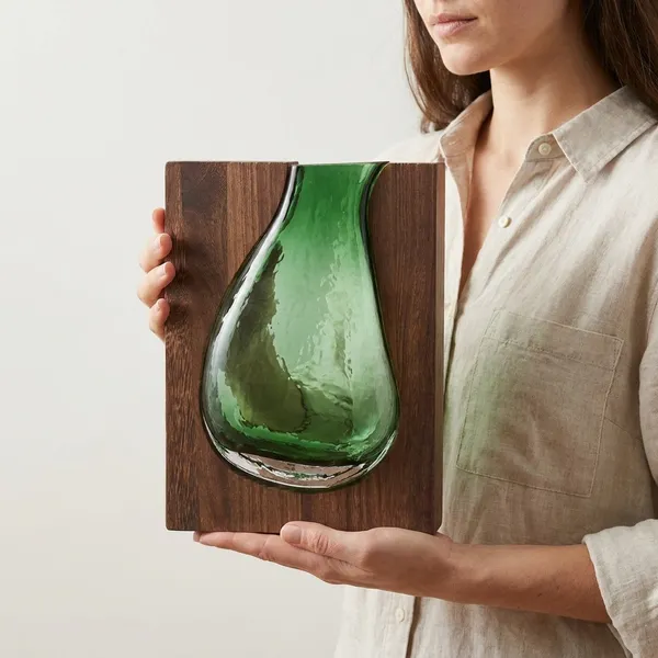 Handcrafted_Wood_and_Green_Glass_Decorative_Vase