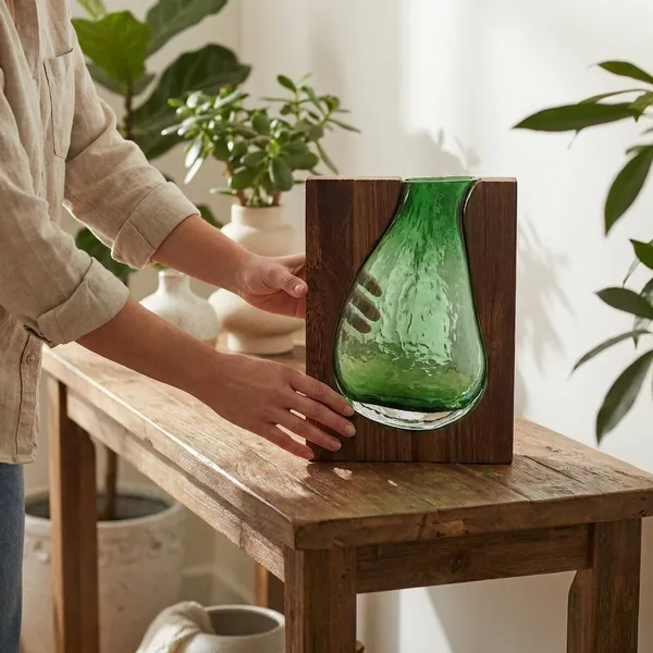 Handcrafted_Wood_and_Green_Glass_Decorative_Vase