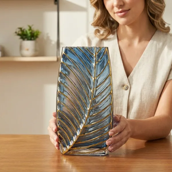 Hand-Painted_Blue_Glass_Vase_with_Golden_Palm_Leaf_Design