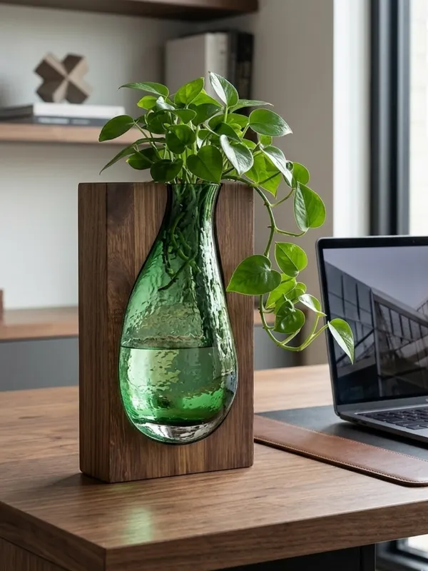 Handcrafted_Wood_and_Green_Glass_Decorative_Vase