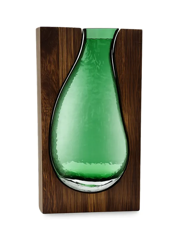 Handcrafted_Wood_and_Green_Glass_Decorative_Vase