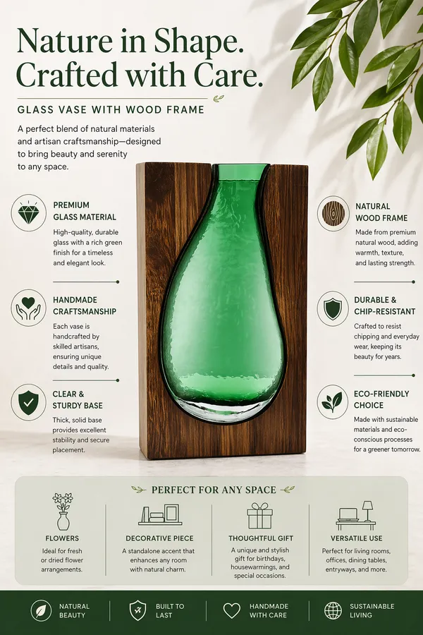 Handcrafted_Wood_and_Green_Glass_Decorative_Vase