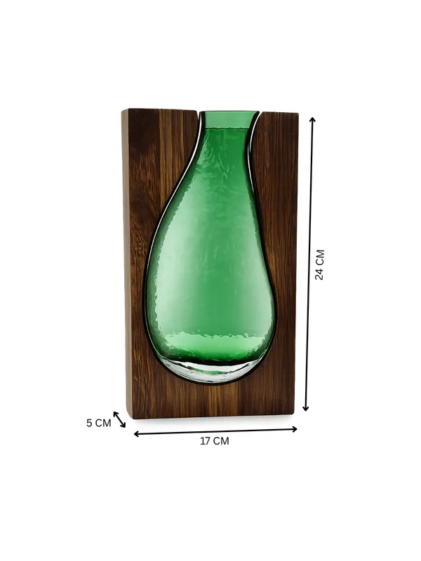 Handcrafted_Wood_and_Green_Glass_Decorative_Vase