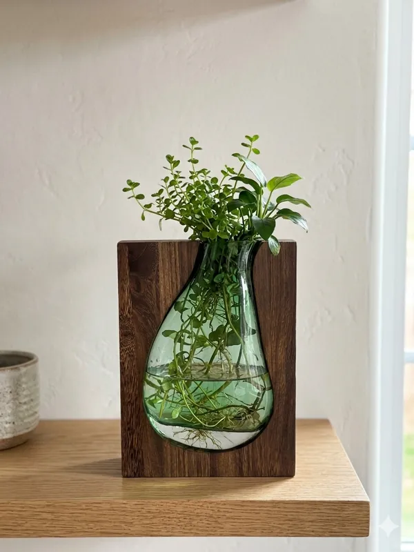 Handcrafted_Wood_and_Green_Glass_Decorative_Vase
