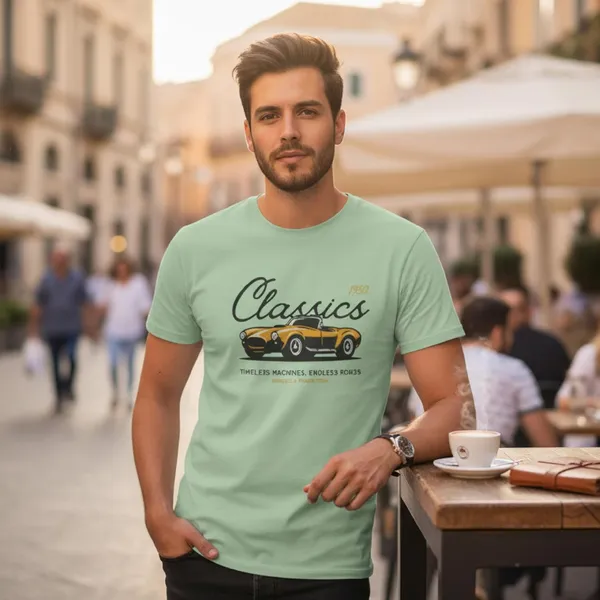 TrendzyKart_100%_Cotton_1950_Classic_Borcelle_Car_Graphic_Printed_Crew_Neck_T-Shirt__-_Jade_Green