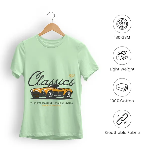 TrendzyKart_100%_Cotton_1950_Classic_Borcelle_Car_Graphic_Printed_Crew_Neck_T-Shirt__-_Jade_Green