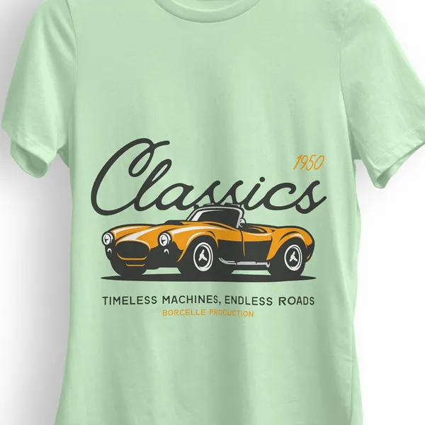 TrendzyKart_100%_Cotton_1950_Classic_Borcelle_Car_Graphic_Printed_Crew_Neck_T-Shirt__-_Jade_Green