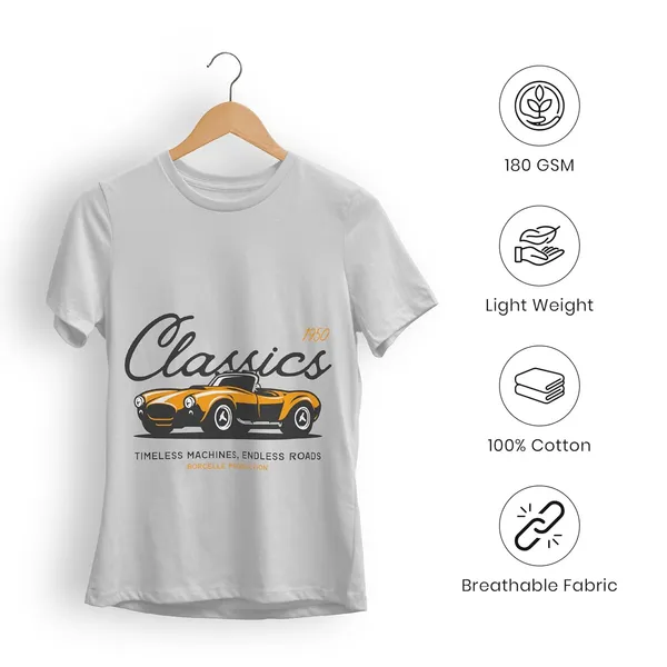 TrendzyKart_100%_Cotton_1950_Classic_Borcelle_Car_Graphic_Printed_Crew_Neck_T-Shirt__-_Grey_Melange