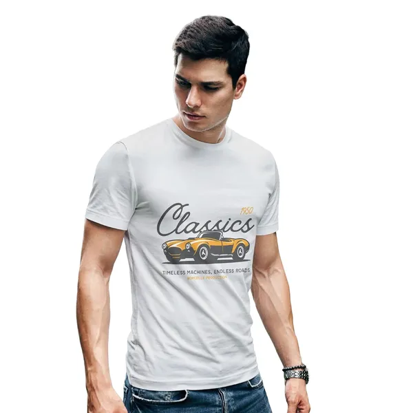 TrendzyKart_100%_Cotton_1950_Classic_Borcelle_Car_Graphic_Printed_Crew_Neck_T-Shirt__-_Grey_Melange