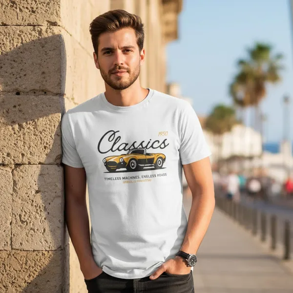 TrendzyKart_100%_Cotton_1950_Classic_Borcelle_Car_Graphic_Printed_Crew_Neck_T-Shirt__-_Grey_Melange