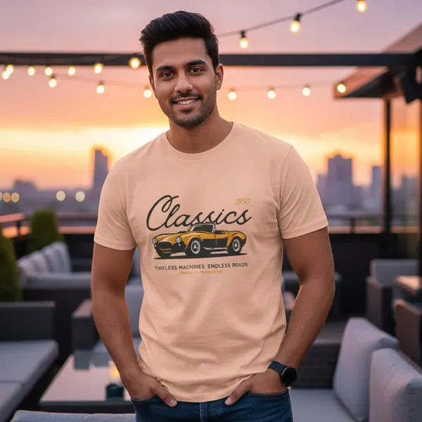 TrendzyKart_100%_Cotton_1950_Classic_Borcelle_Car_Graphic_Printed_Crew_Neck_T-Shirt__-_Peach