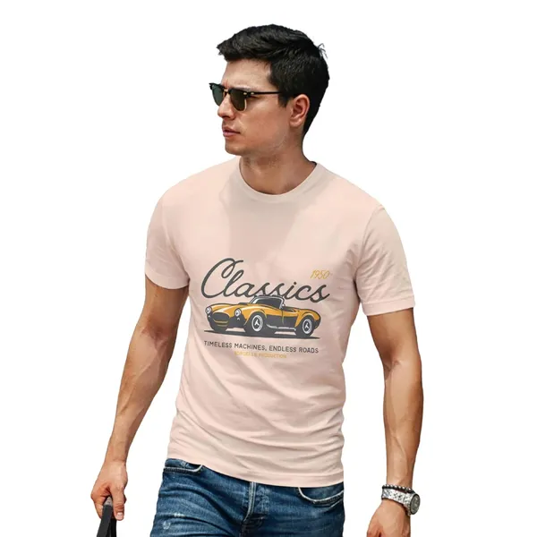 TrendzyKart_100%_Cotton_1950_Classic_Borcelle_Car_Graphic_Printed_Crew_Neck_T-Shirt__-_Peach