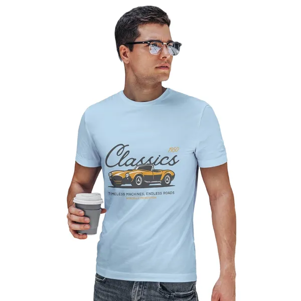 TrendzyKart_100%_Cotton_1950_Classic_Borcelle_Car_Graphic_Printed_Crew_Neck_T-Shirt__-_Baby_Blue