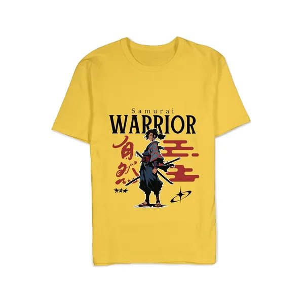 Mustard_Yellow_Samurai_Warrior_Graphic_Printed_T-Shirt_100%_Cotton_180_Gsm_Lightweight_Breathable_Fabric_Round_Neck_Half_Sleeve_Casual_Tee