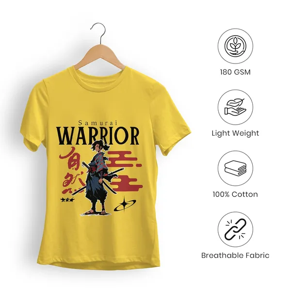 Mustard_Yellow_Samurai_Warrior_Graphic_Printed_T-Shirt_100%_Cotton_180_Gsm_Lightweight_Breathable_Fabric_Round_Neck_Half_Sleeve_Casual_Tee