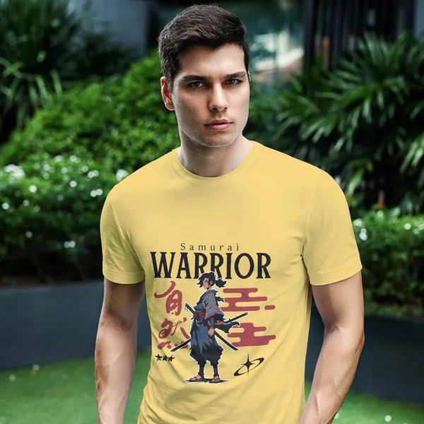 Mustard_Yellow_Samurai_Warrior_Graphic_Printed_T-Shirt_100%_Cotton_180_Gsm_Lightweight_Breathable_Fabric_Round_Neck_Half_Sleeve_Casual_Tee