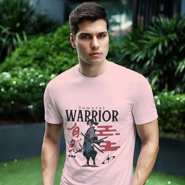 TrendzyKart_100%_Cotton_Samurai_Warrior_Printed_Crew_Neck_T-Shirt__-_Baby_Pink