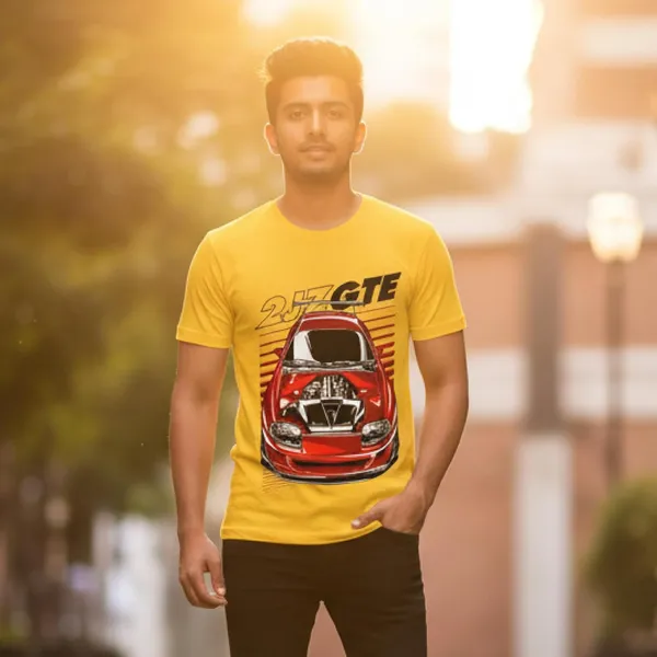 TrendzyKart_100%_Cotton_2JZ-GTE_Car_Graphic_Printed_Crew_Neck_T-Shirt__-_Mustard_Yellow