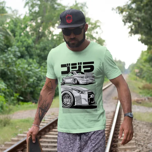 TrendzyKart_100%_Cotton_Japanese_Street_Car_Illustration_Design_Printed_Crew_Neck_T-Shirt__-_Jade_Green