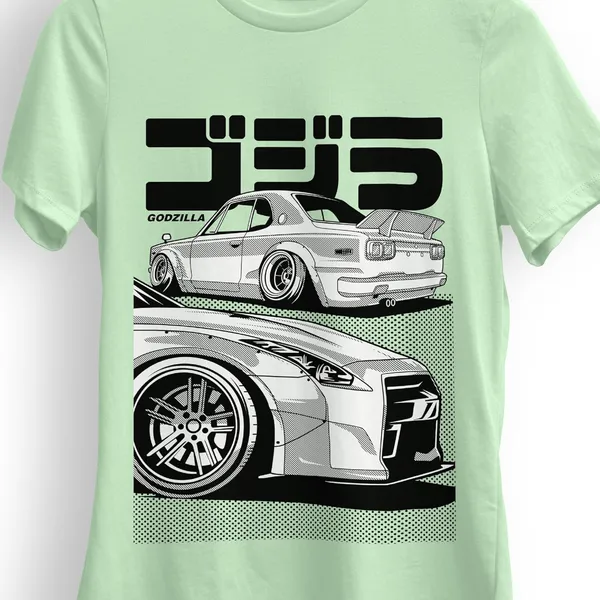 TrendzyKart_100%_Cotton_Japanese_Street_Car_Illustration_Design_Printed_Crew_Neck_T-Shirt__-_Jade_Green