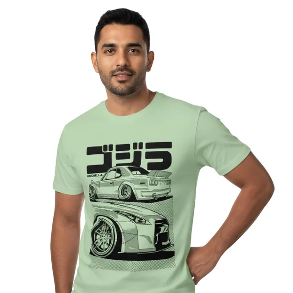TrendzyKart_100%_Cotton_Japanese_Street_Car_Illustration_Design_Printed_Crew_Neck_T-Shirt__-_Jade_Green