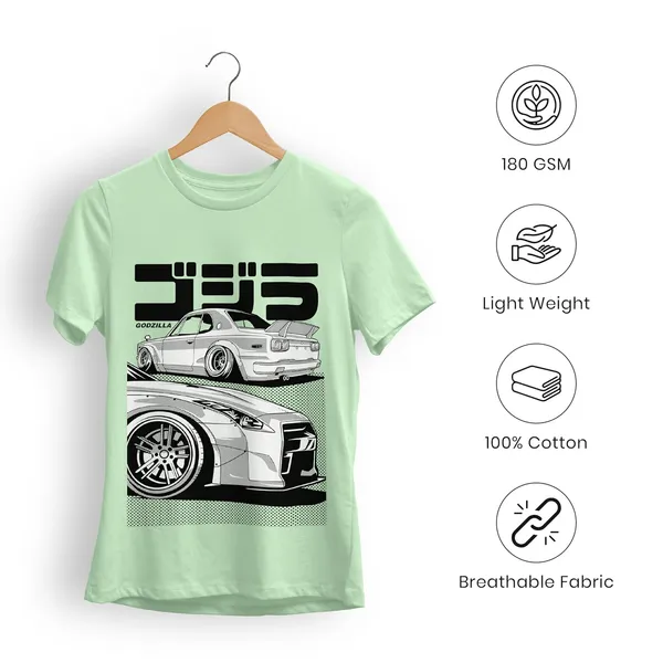 TrendzyKart_100%_Cotton_Japanese_Street_Car_Illustration_Design_Printed_Crew_Neck_T-Shirt__-_Jade_Green