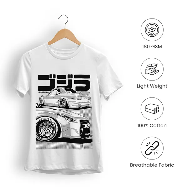 TrendzyKart_100%_Cotton_Japanese_Street_Car_Illustration_Design_Printed_Crew_Neck_T-Shirt__-_White