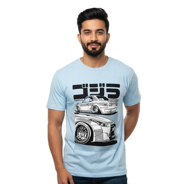 TrendzyKart_100%_Cotton_Japanese_Street_Car_Illustration_Design_Printed_Crew_Neck_T-Shirt__-_Baby_Blue