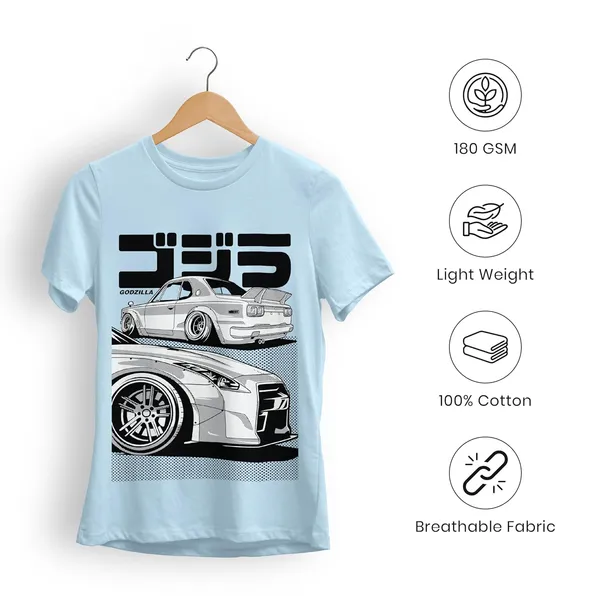 TrendzyKart_100%_Cotton_Japanese_Street_Car_Illustration_Design_Printed_Crew_Neck_T-Shirt__-_Baby_Blue