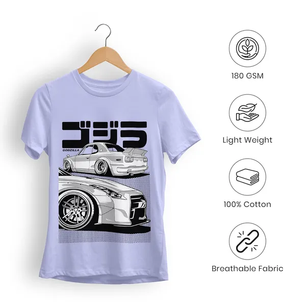TrendzyKart_Lavender_Graphic_Printed_Cotton_T-Shirt_Japanese_Street_Car_Illustration_Design_180_Gsm_Lightweight_Crew_Neck_Tee