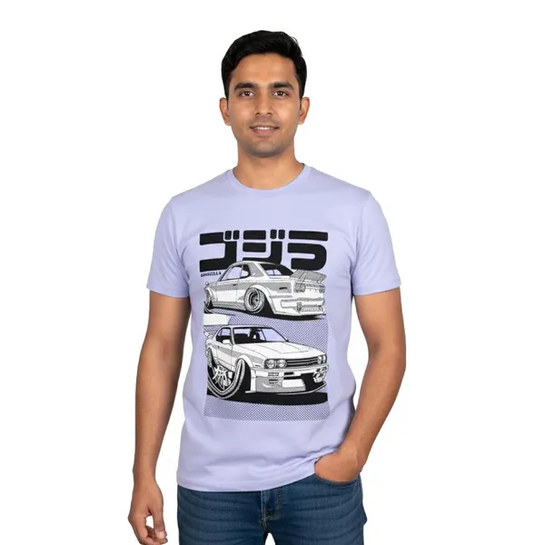 TrendzyKart_Lavender_Graphic_Printed_Cotton_T-Shirt_Japanese_Street_Car_Illustration_Design_180_Gsm_Lightweight_Crew_Neck_Tee