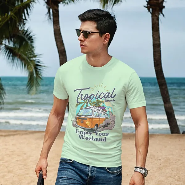 TrendzyKart_100%_Cotton_Tropical_Beach_Print_Crew_Neck_T-Shirt_-_Jade_Green