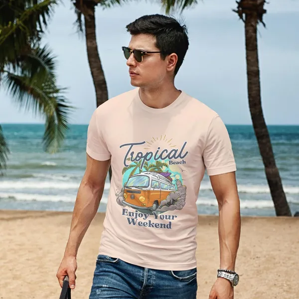 TrendzyKart_100%_Cotton_Tropical_Beach_Print_Crew_Neck_T-Shirt_-_Peach
