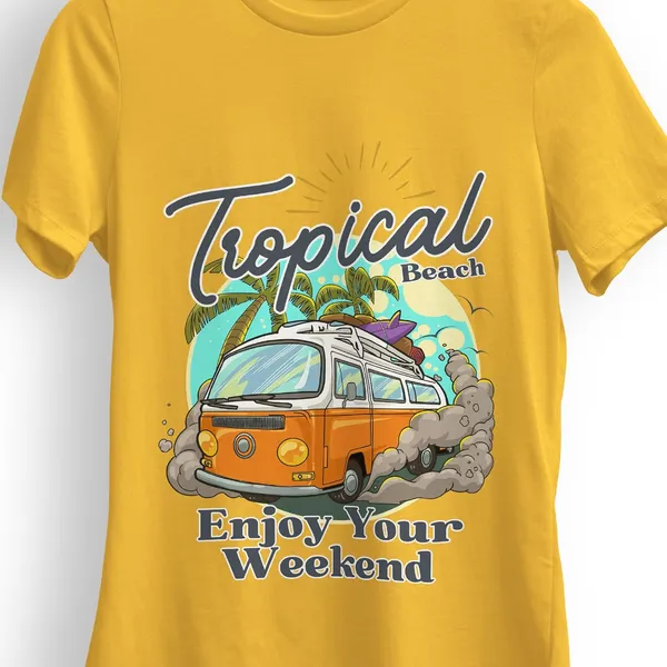 TrendzyKart_100%_Cotton_Tropical_Beach_Print_Crew_Neck_T-Shirt_-_Mustard_Yellow
