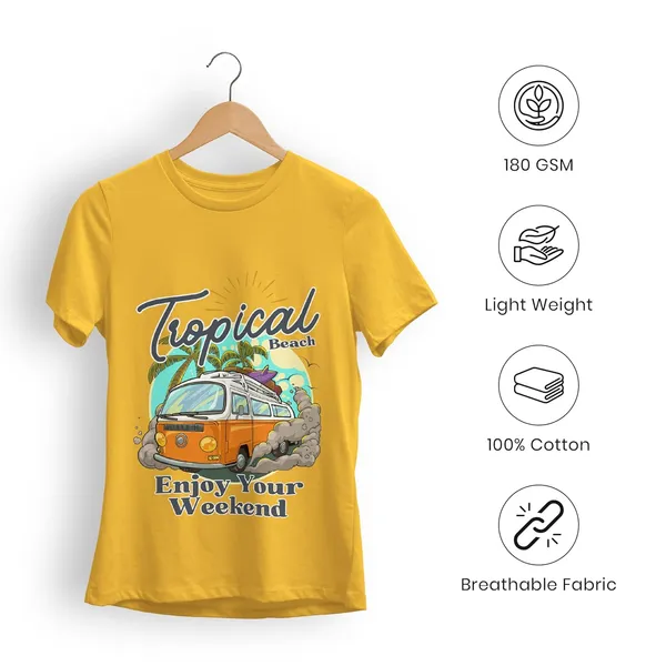 TrendzyKart_100%_Cotton_Tropical_Beach_Print_Crew_Neck_T-Shirt_-_Mustard_Yellow
