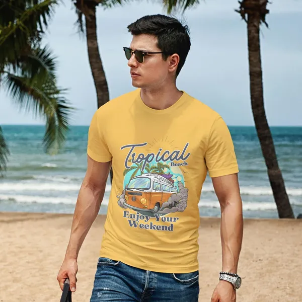 TrendzyKart_100%_Cotton_Tropical_Beach_Print_Crew_Neck_T-Shirt_-_Mustard_Yellow
