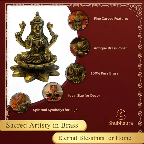 Shubh_Aura_100%_pure_Brass_natural_gold_color_traditional_Hindu_Religious_Brass_Maa_Laxmi_figurine_On_Lotus_Flower
