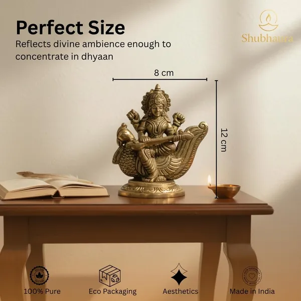 Shubhaura_100%_pure_Brass_natural_Golden_Traditional_Indian_Saraswati_Statue_On_Swan_Hindu_Goddess_Figurine