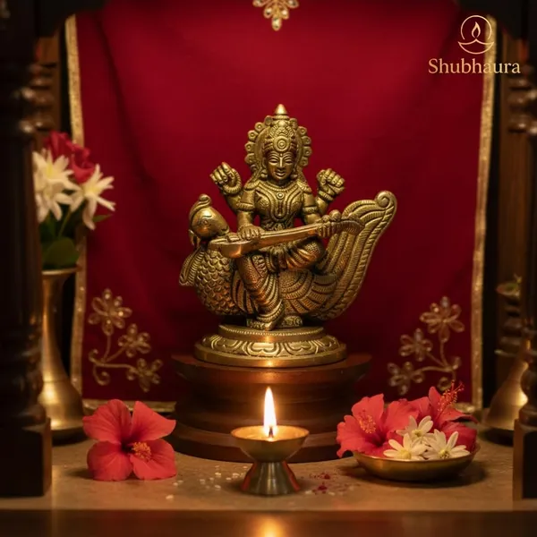 Shubhaura_100%_pure_Brass_natural_Golden_Traditional_Indian_Saraswati_Statue_On_Swan_Hindu_Goddess_Figurine