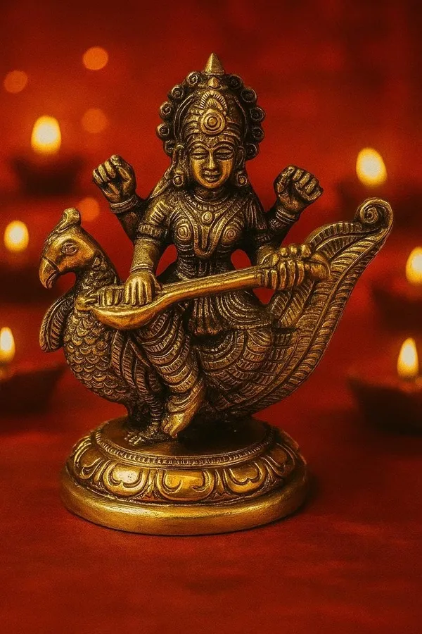 Shubhaura_100%_pure_Brass_natural_Golden_Traditional_Indian_Saraswati_Statue_On_Swan_Hindu_Goddess_Figurine