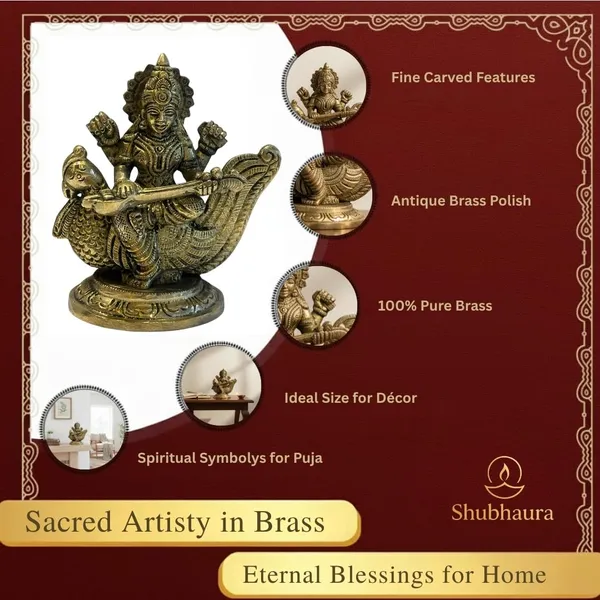 Shubhaura_100%_pure_Brass_natural_Golden_Traditional_Indian_Saraswati_Statue_On_Swan_Hindu_Goddess_Figurine