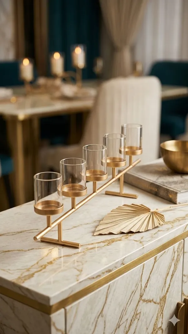 Shubh_Aura_Pack_of_1_Premium_metal_Gold_finish_5_candle_holder,_It_has_5_borosilicate_glass_to_proetct_fire,_its_good_for_Home_d�cor_dinining_table,_candle_decoration_for_festivals,_size_46cmx15cm