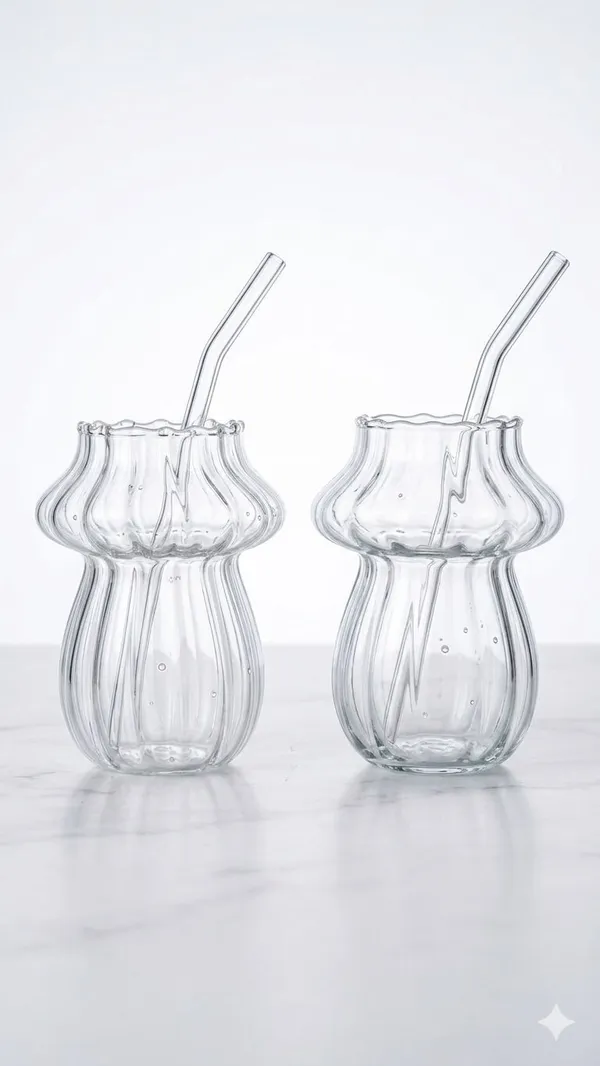 Shubhaura_Mushroom_design_borosilicate_glass_tumbler_set_of_4_with_glass_straw_size_500ml