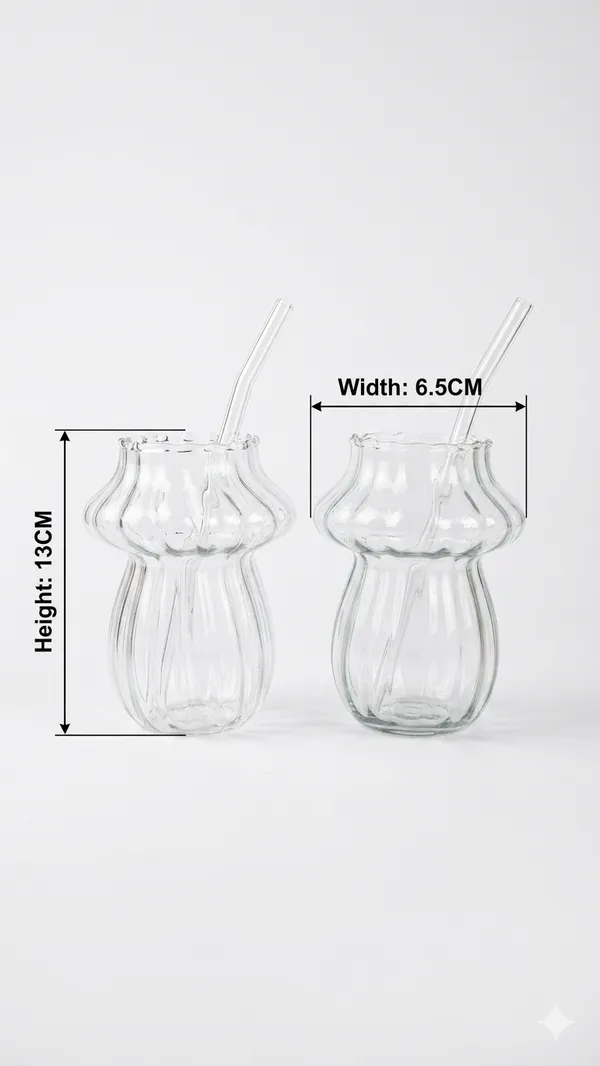 Shubhaura_Mushroom_design_borosilicate_glass_tumbler_set_of_4_with_glass_straw_size_500ml