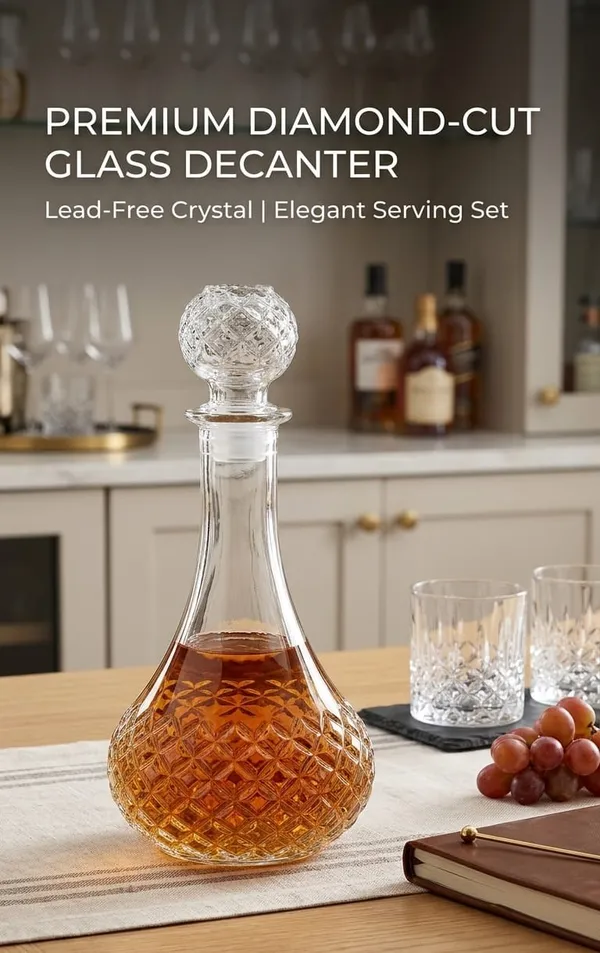 The_Pinnacle_of_Shubh_Aura_collection_our_Grand_Imperial_Decanter_and_set_of_4_glasses_features_a_classic_diamond_cut_base_and_hand_polished_Sphere_Stopper_Engineered_for_optimal_aeration_and_unmatched_Briliance,_Its_more_than_Barware-_It�s_a_heirloom_piece_designed_to_celebrate_lifes_most_significant_milestones
