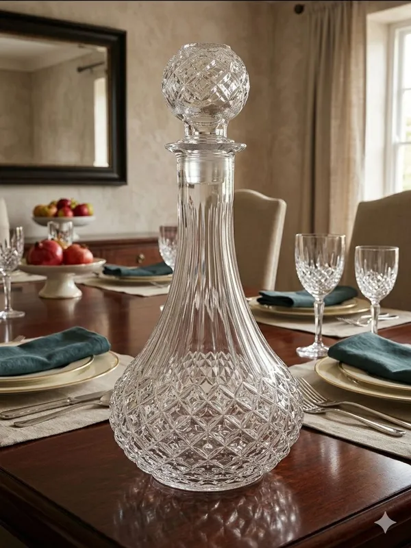 The_Pinnacle_of_Shubh_Aura_collection_our_Grand_Imperial_Decanter_and_set_of_4_glasses_features_a_classic_diamond_cut_base_and_hand_polished_Sphere_Stopper_Engineered_for_optimal_aeration_and_unmatched_Briliance,_Its_more_than_Barware-_It�s_a_heirloom_piece_designed_to_celebrate_lifes_most_significant_milestones